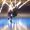 Ice Intro's Photo: A Geneva-Servette, "Wild Eagle" skates onto the ice during pyrotechnic-enhanced introductions.
